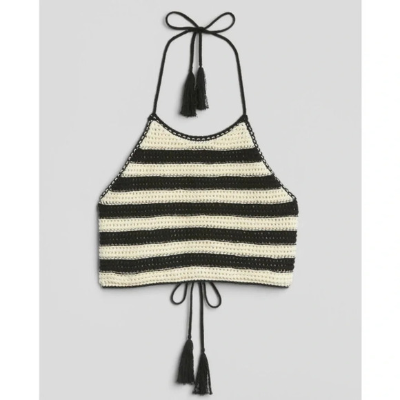 Gap Crochet Black & White Stripe Halter Crop Top - Picture 2 of 10
